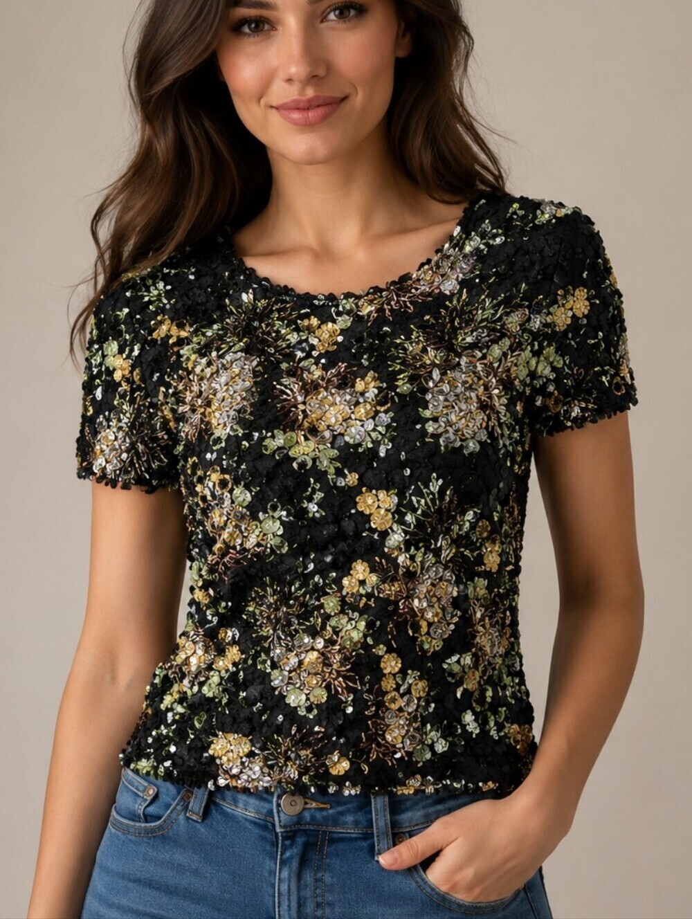 RADIANCE 1990s Black Bubble Popcorn Scrunchie Floral Silk Blouse